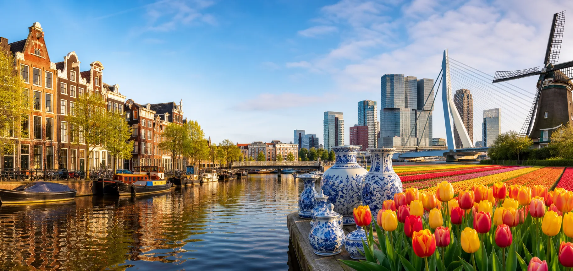 Colorful Netherlands scene with canals, tulips, Delft blue and Dutch city details